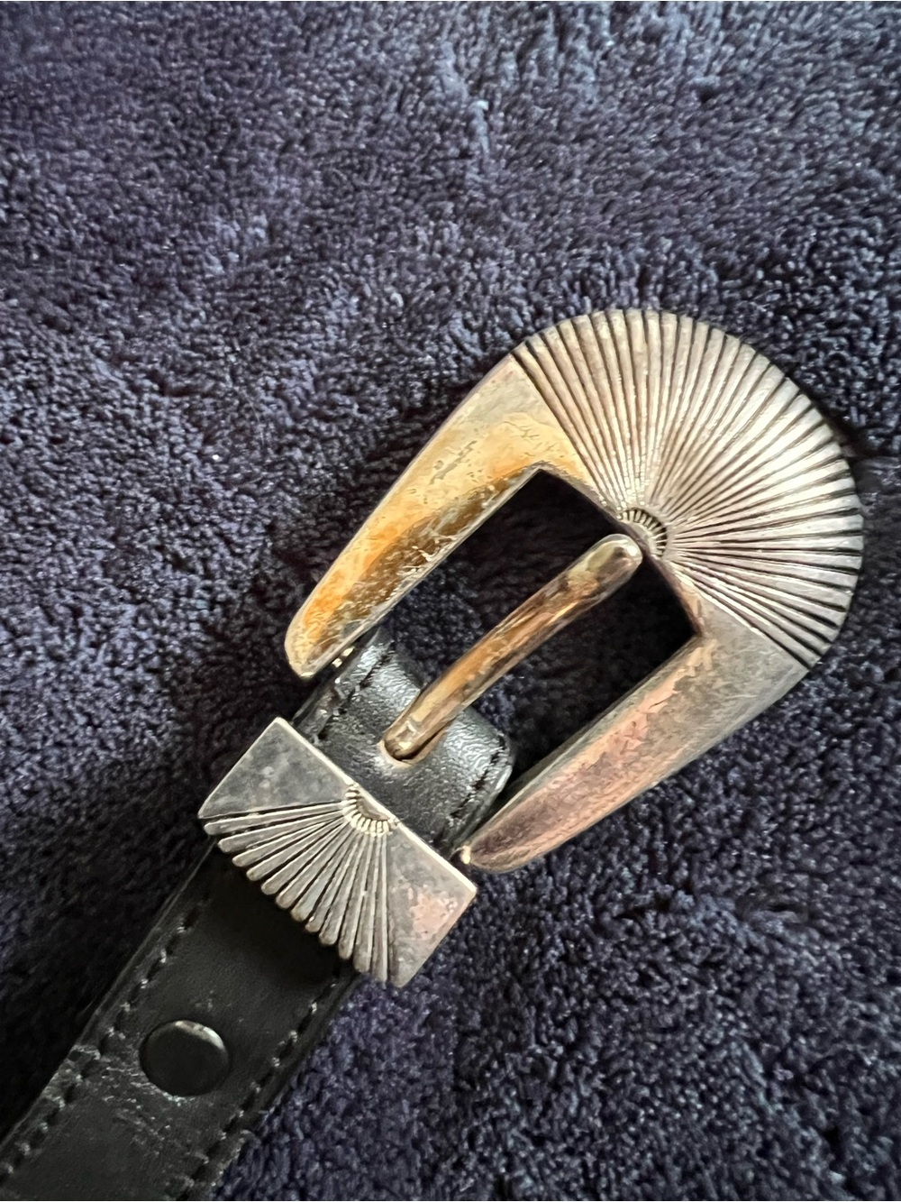 Black Leather Belt with Decorative Silver-Tone Sunburst Buckle